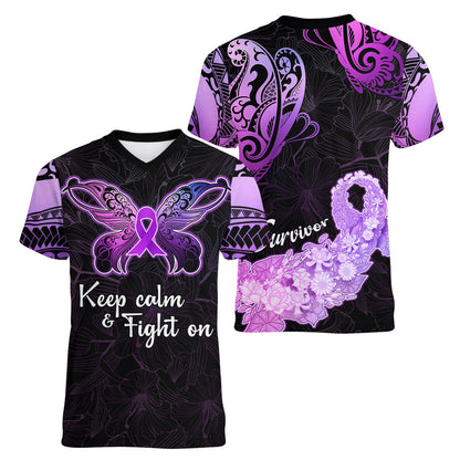 Pancreatic Cancer Support Women V-Neck T-Shirt Keep Calm And Fight On Polynesian Pattern