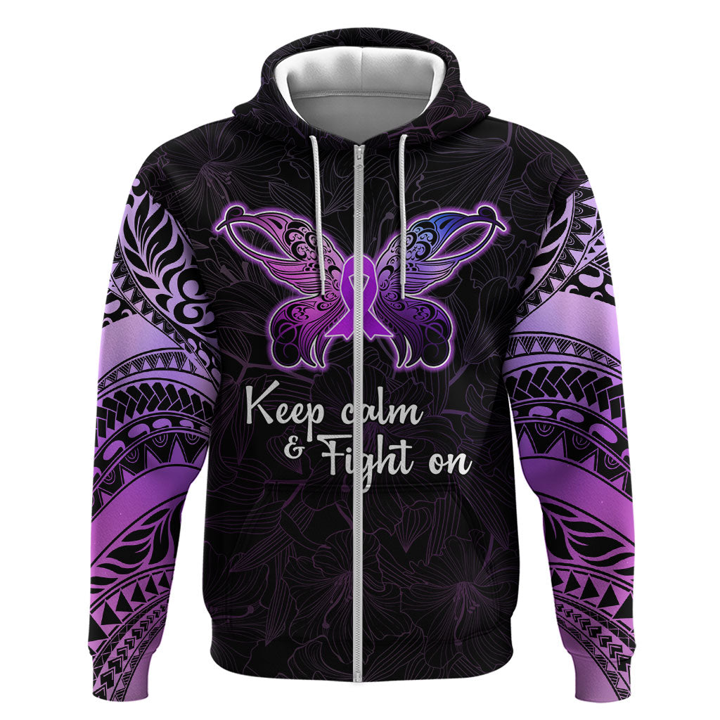 Pancreatic Cancer Support Zip Hoodie Keep Calm And Fight On Polynesian Pattern