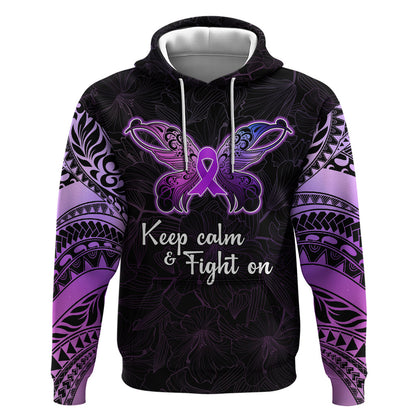 Pancreatic Cancer Support Zip Hoodie Keep Calm And Fight On Polynesian Pattern