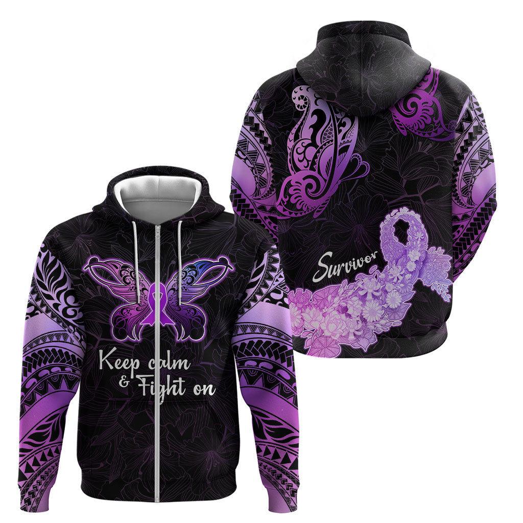 Pancreatic Cancer Support Zip Hoodie Keep Calm And Fight On Polynesian Pattern