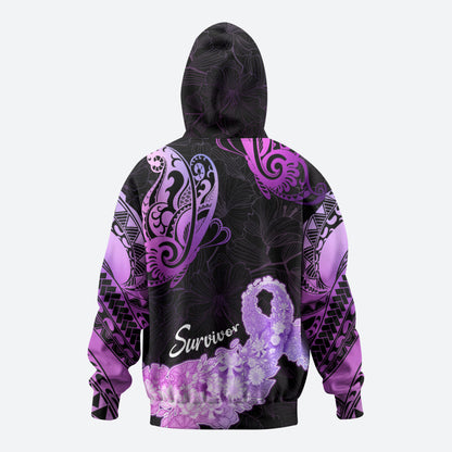 Pancreatic Cancer Support Zip Hoodie Keep Calm And Fight On Polynesian Pattern
