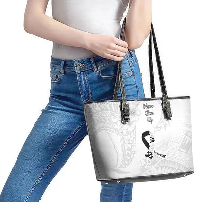 Lung Cancer Support Leather Tote Bag Never Give Up Polynesian Style