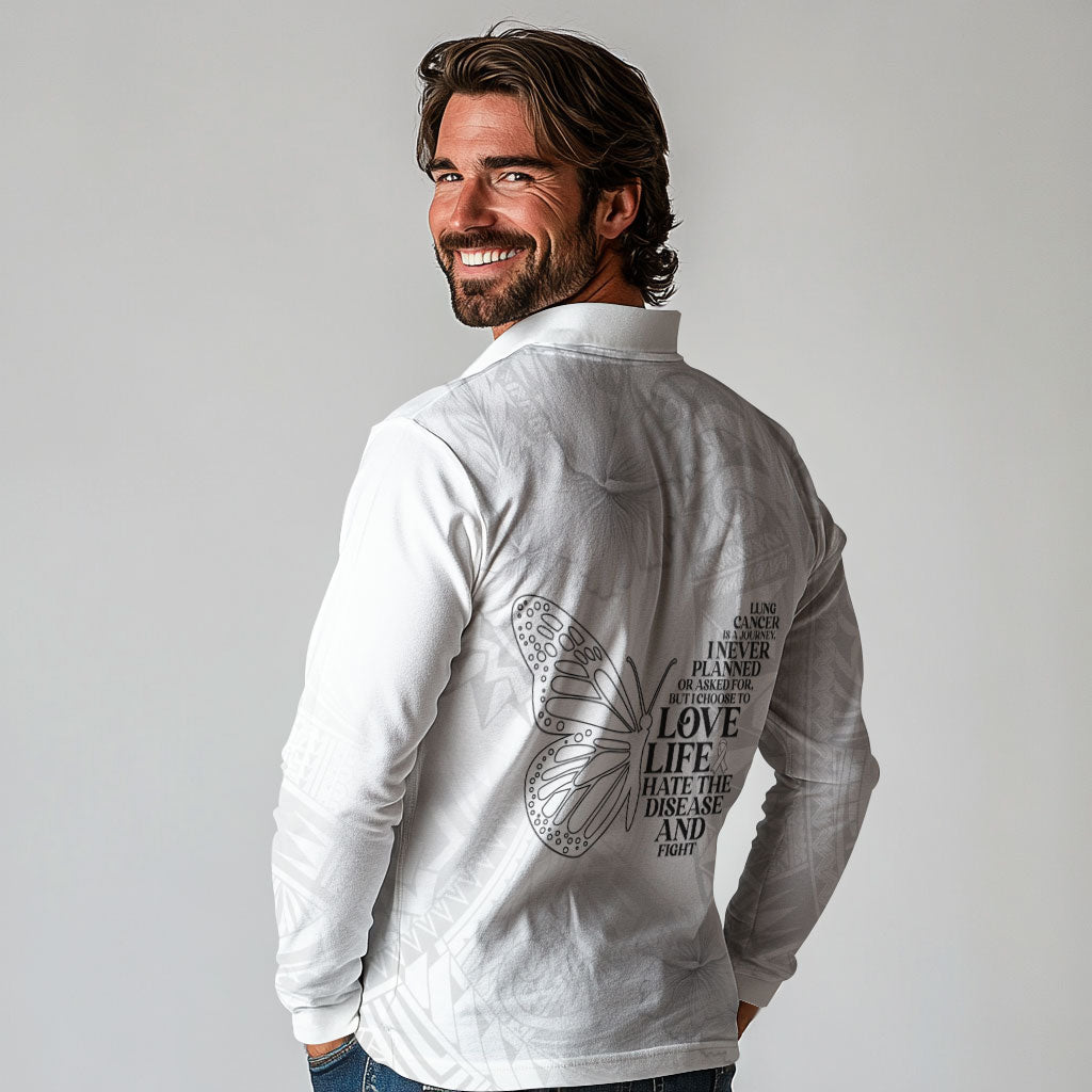Lung Cancer Support Long Sleeve Polo Shirt Never Give Up Polynesian Style