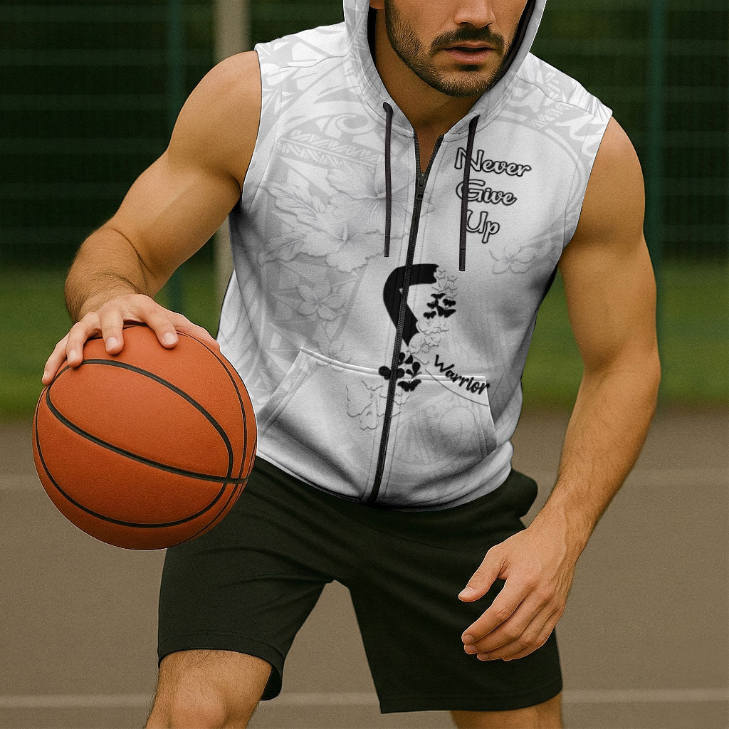Lung Cancer Support Sleeveless Zip Hoodie Never Give Up Polynesian Style