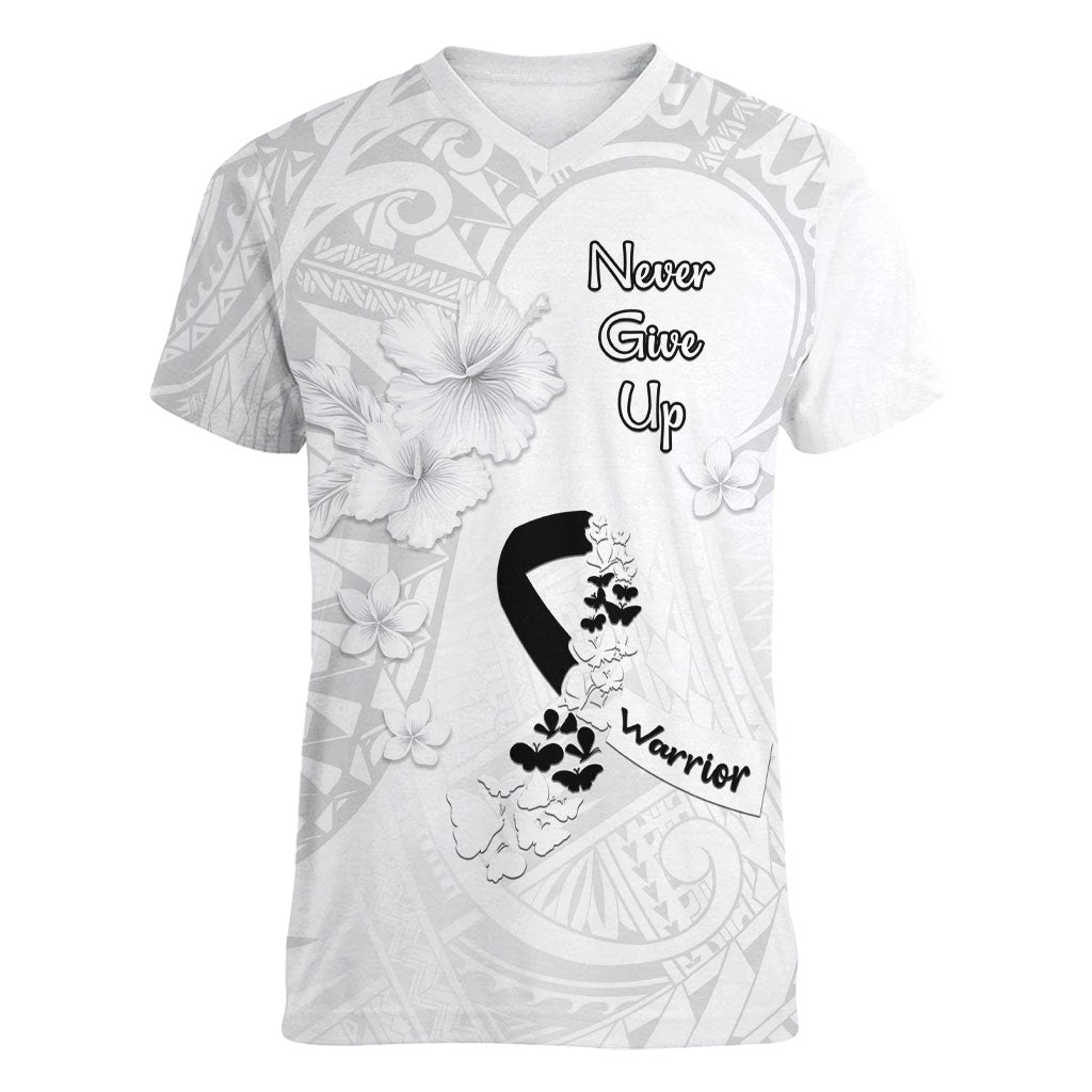 Lung Cancer Support Women V-Neck T-Shirt Never Give Up Polynesian Style