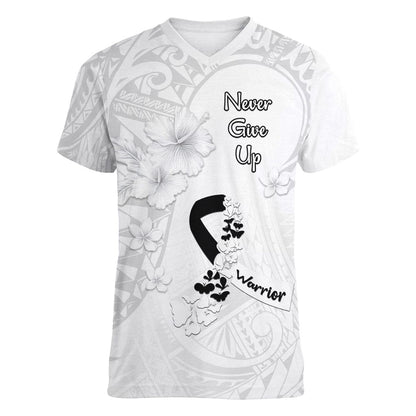 Lung Cancer Support Women V-Neck T-Shirt Never Give Up Polynesian Style