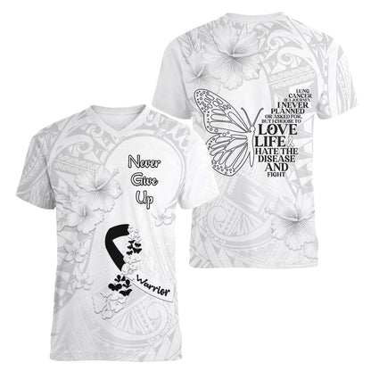 Lung Cancer Support Women V-Neck T-Shirt Never Give Up Polynesian Style