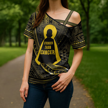 Personalised Polynesia Childhood Cancer Support Cross Shoulder Shirt You Are Stronger Than Cancer