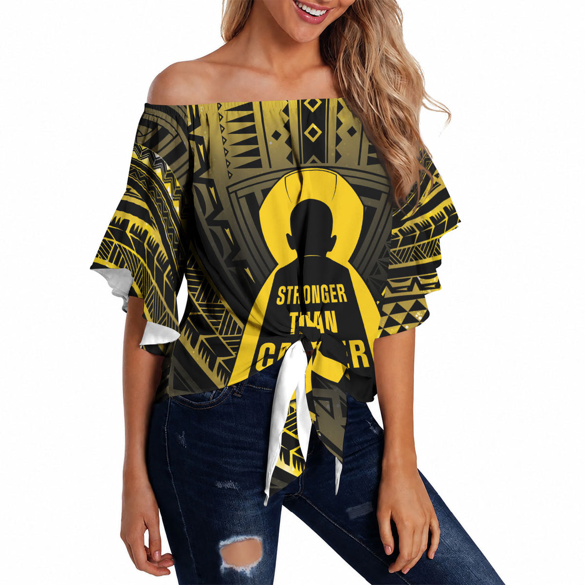 Personalised Polynesia Childhood Cancer Support Off Shoulder Wrap Waist Top You Are Stronger Than Cancer