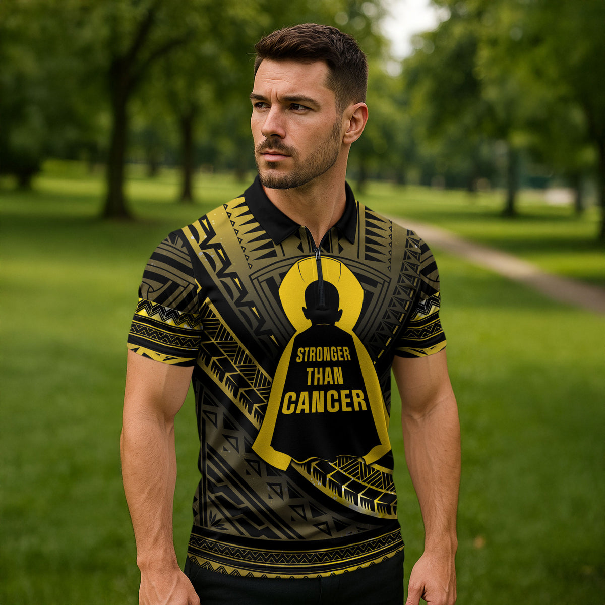 Personalised Polynesia Childhood Cancer Support Zipper Polo Shirt You Are Stronger Than Cancer