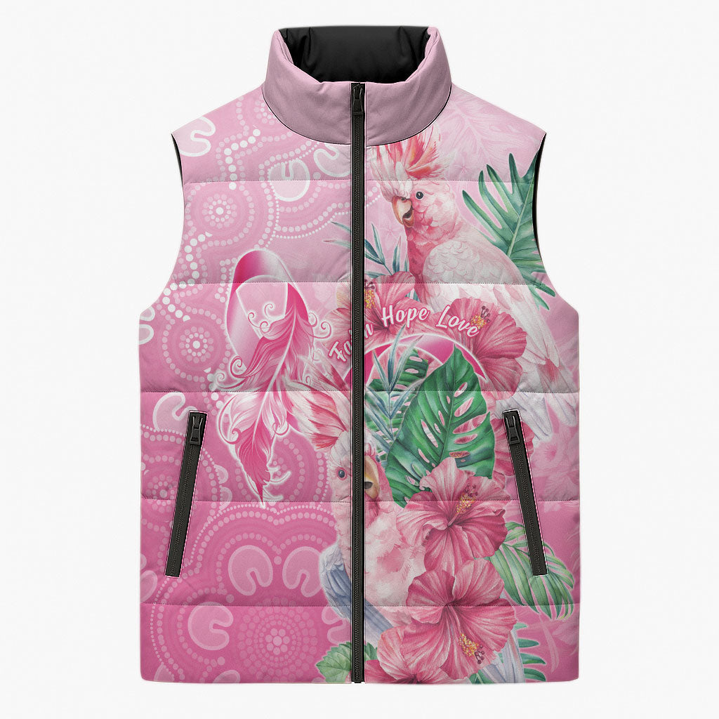 Australia Cockatoos Breast Cancer Sleeveless Puffer Jacket Faith Hope Love