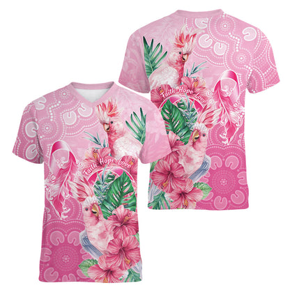 Australia Cockatoos Breast Cancer Women V-Neck T-Shirt Faith Hope Love