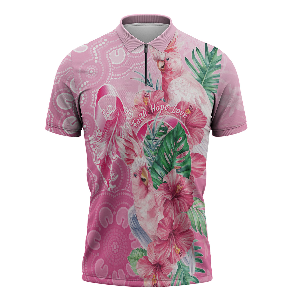 Australia Cockatoos Breast Cancer Zipper Polo Shirt Faith Hope Love
