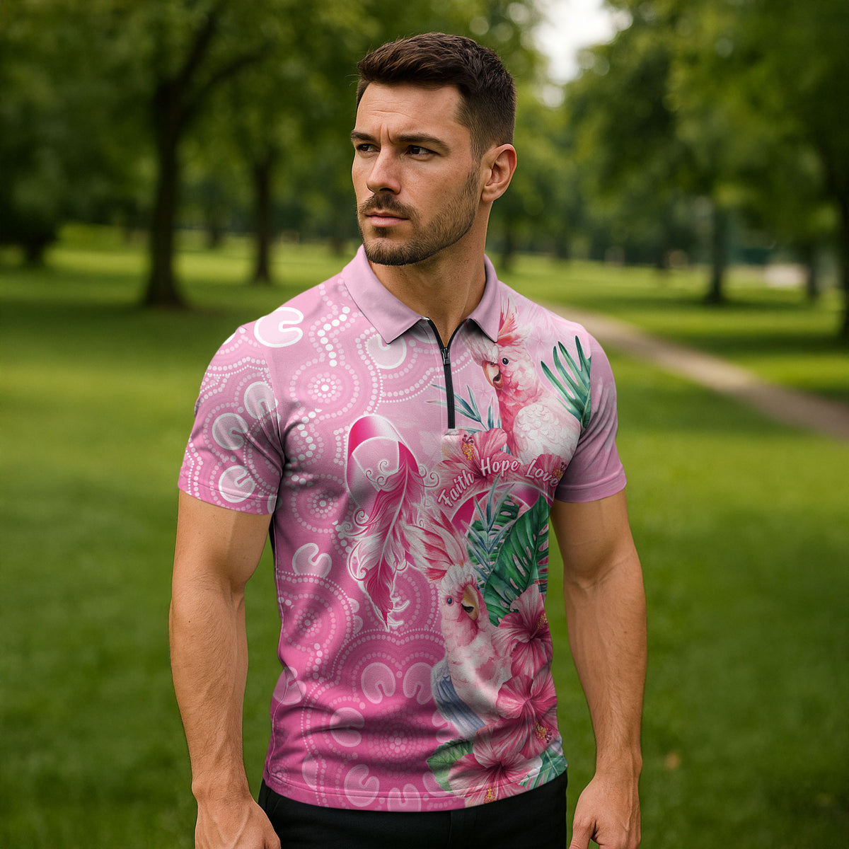 Australia Cockatoos Breast Cancer Zipper Polo Shirt Faith Hope Love