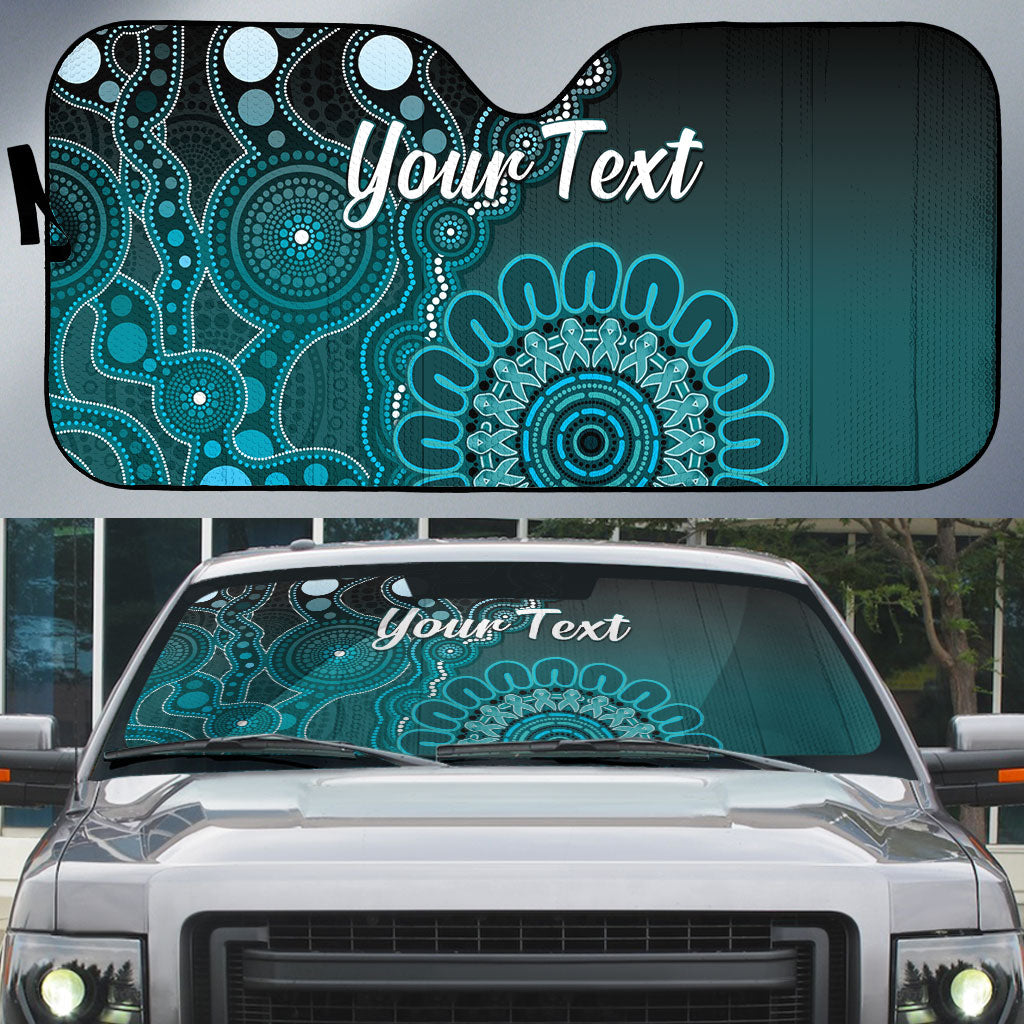 Personalised Ovarian Cancer Support Auto Sun Shade Teal Ribbon Aboriginal Art