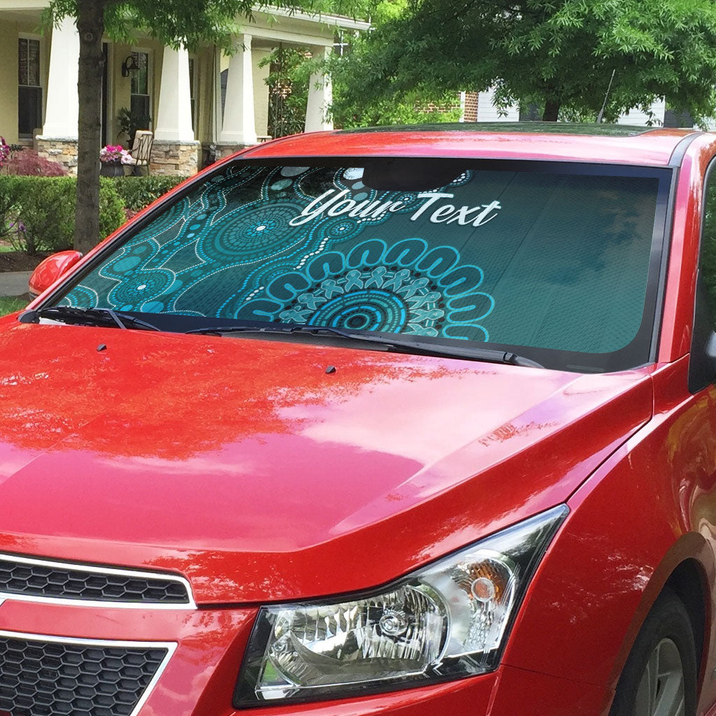 Personalised Ovarian Cancer Support Auto Sun Shade Teal Ribbon Aboriginal Art