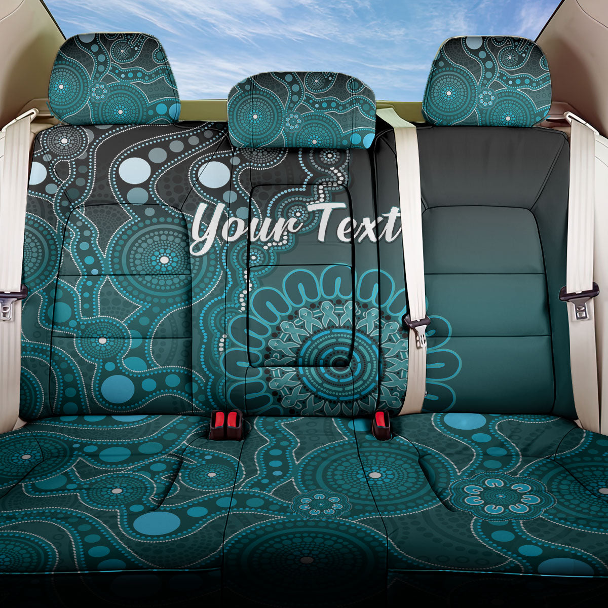 Personalised Ovarian Cancer Support Back Car Seat Cover Teal Ribbon Aboriginal Art