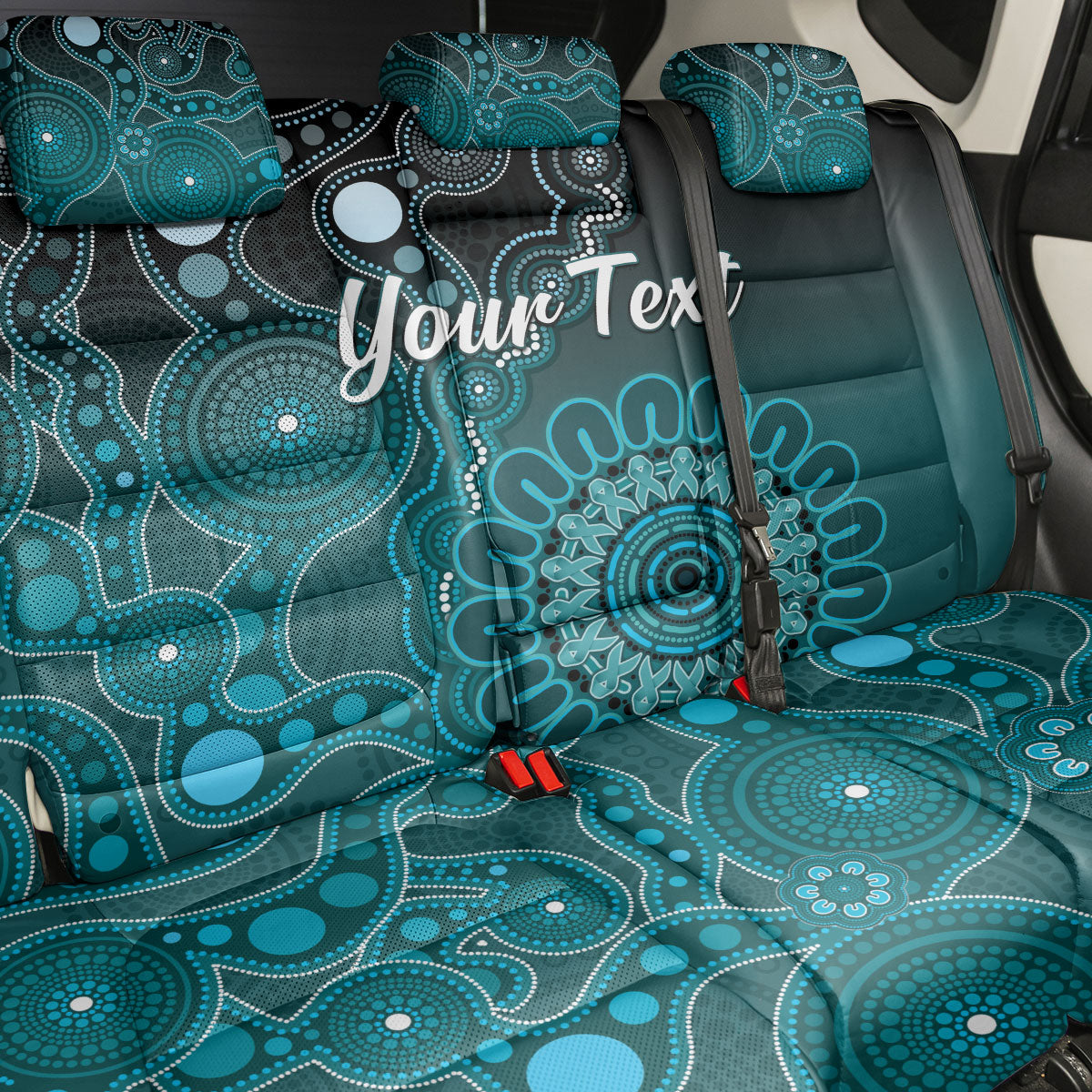 Personalised Ovarian Cancer Support Back Car Seat Cover Teal Ribbon Aboriginal Art