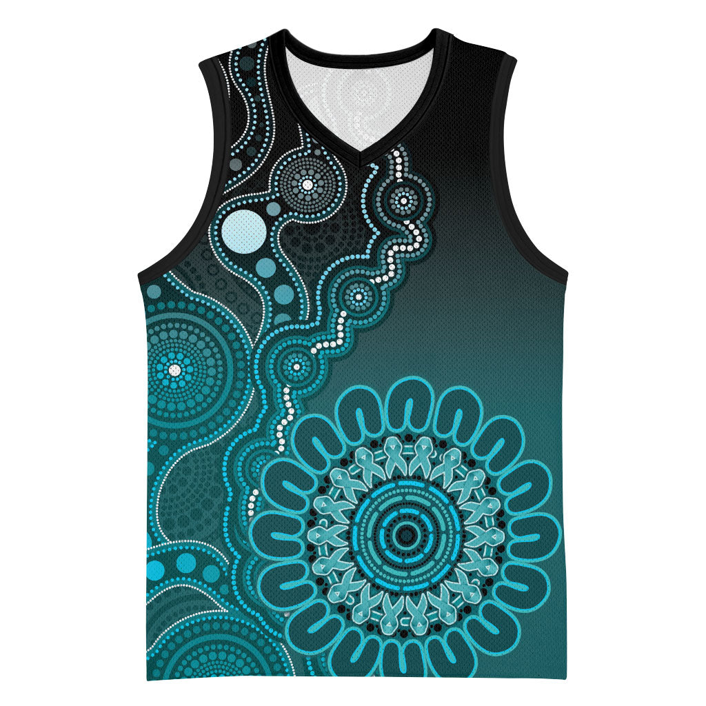 Personalised Ovarian Cancer Support Basketball Jersey Teal Ribbon Aboriginal Art