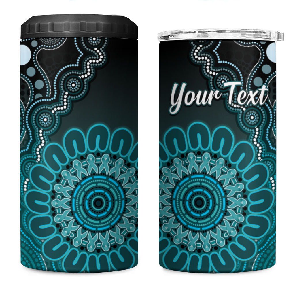 Personalised Ovarian Cancer Support 4 in 1 Can Cooler Tumbler Teal Ribbon Aboriginal Art