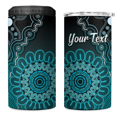 Personalised Ovarian Cancer Support 4 in 1 Can Cooler Tumbler Teal Ribbon Aboriginal Art