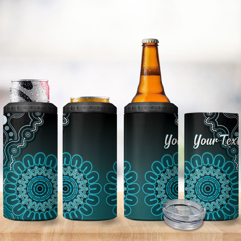 Personalised Ovarian Cancer Support 4 in 1 Can Cooler Tumbler Teal Ribbon Aboriginal Art