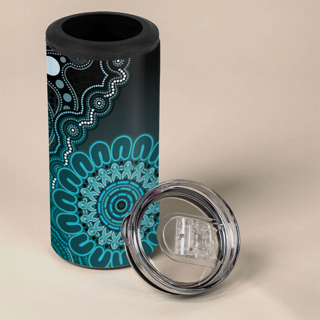 Personalised Ovarian Cancer Support 4 in 1 Can Cooler Tumbler Teal Ribbon Aboriginal Art