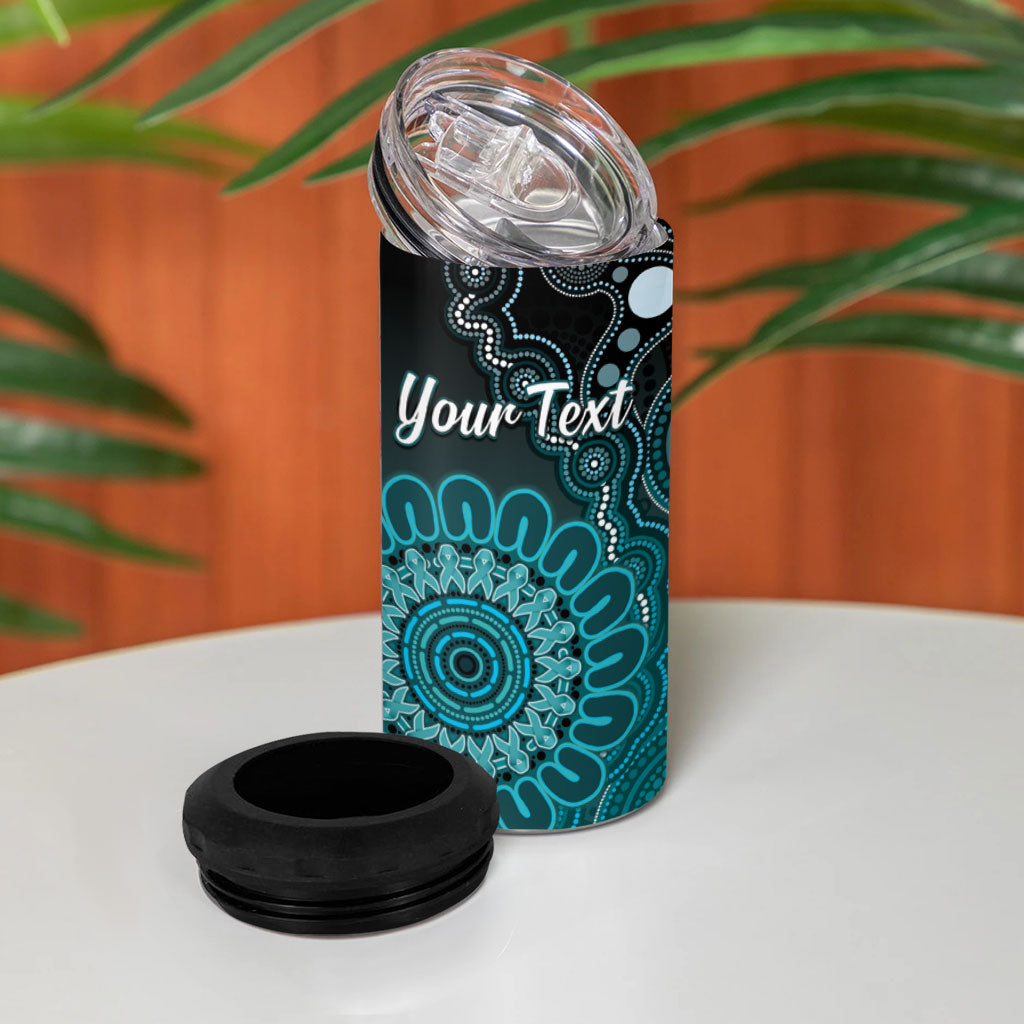 Personalised Ovarian Cancer Support 4 in 1 Can Cooler Tumbler Teal Ribbon Aboriginal Art