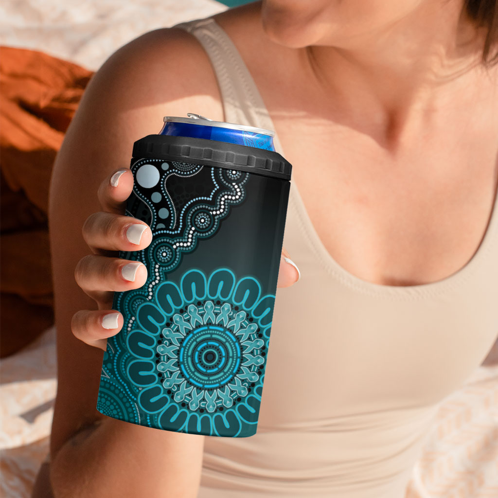 Personalised Ovarian Cancer Support 4 in 1 Can Cooler Tumbler Teal Ribbon Aboriginal Art