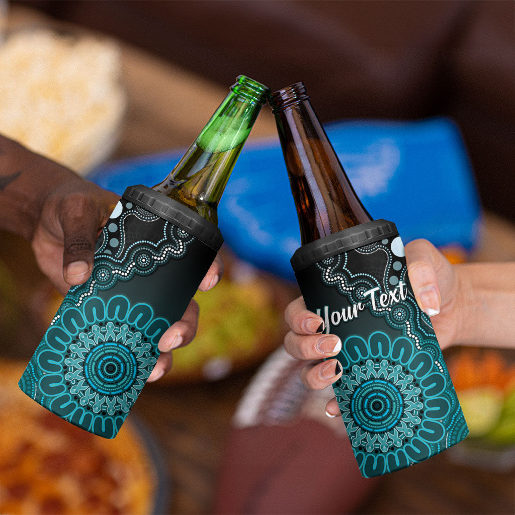 Personalised Ovarian Cancer Support 4 in 1 Can Cooler Tumbler Teal Ribbon Aboriginal Art