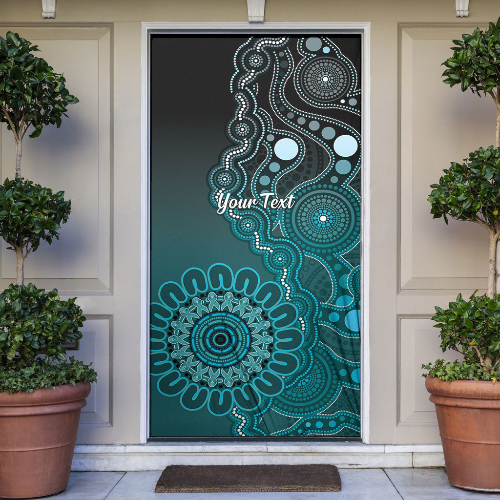 Personalised Ovarian Cancer Support Door Cover Teal Ribbon Aboriginal Art