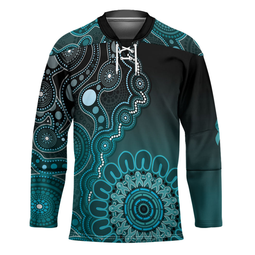 Personalised Ovarian Cancer Support Hockey Jersey Teal Ribbon Aboriginal Art
