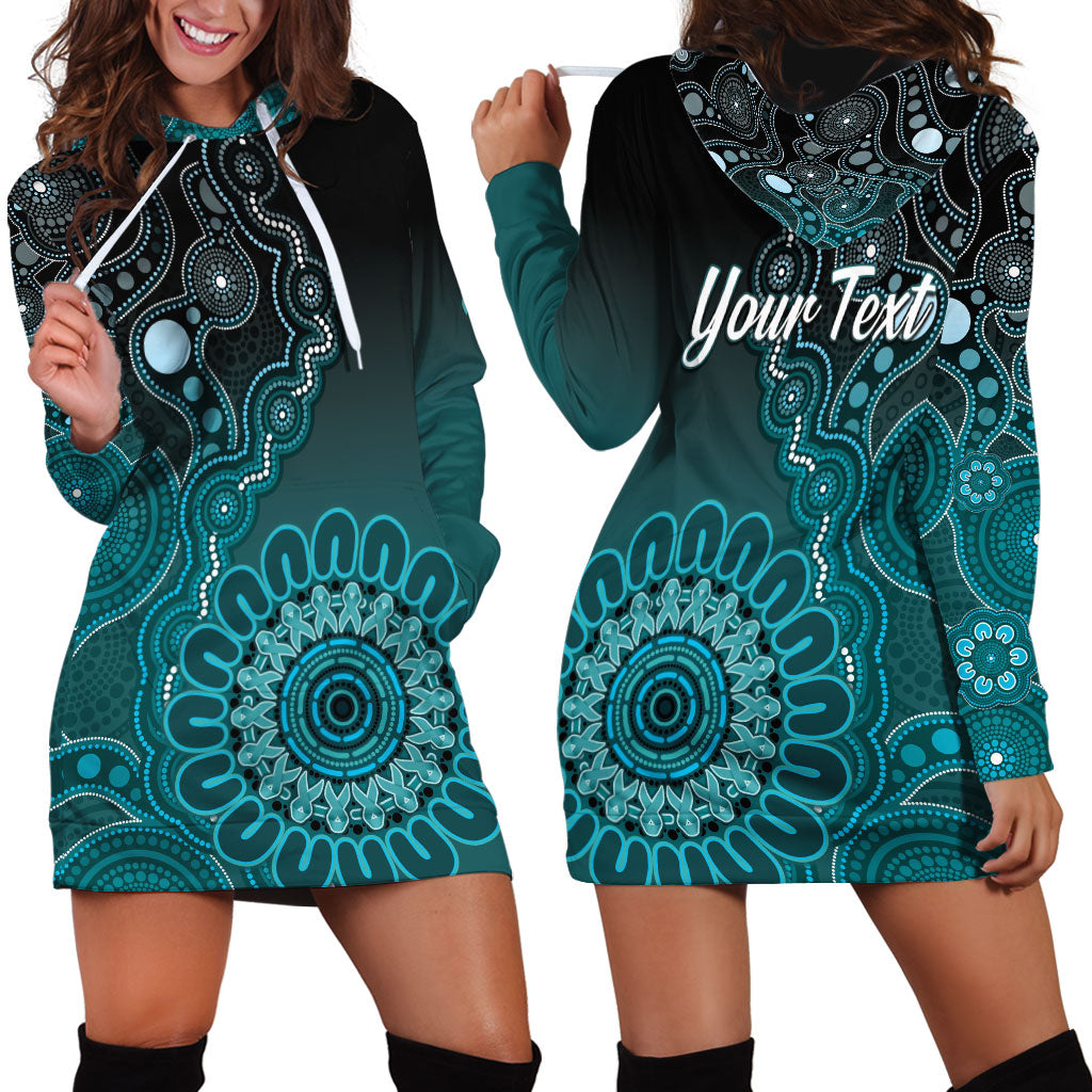 Personalised Ovarian Cancer Support Hoodie Dress Teal Ribbon Aboriginal Art