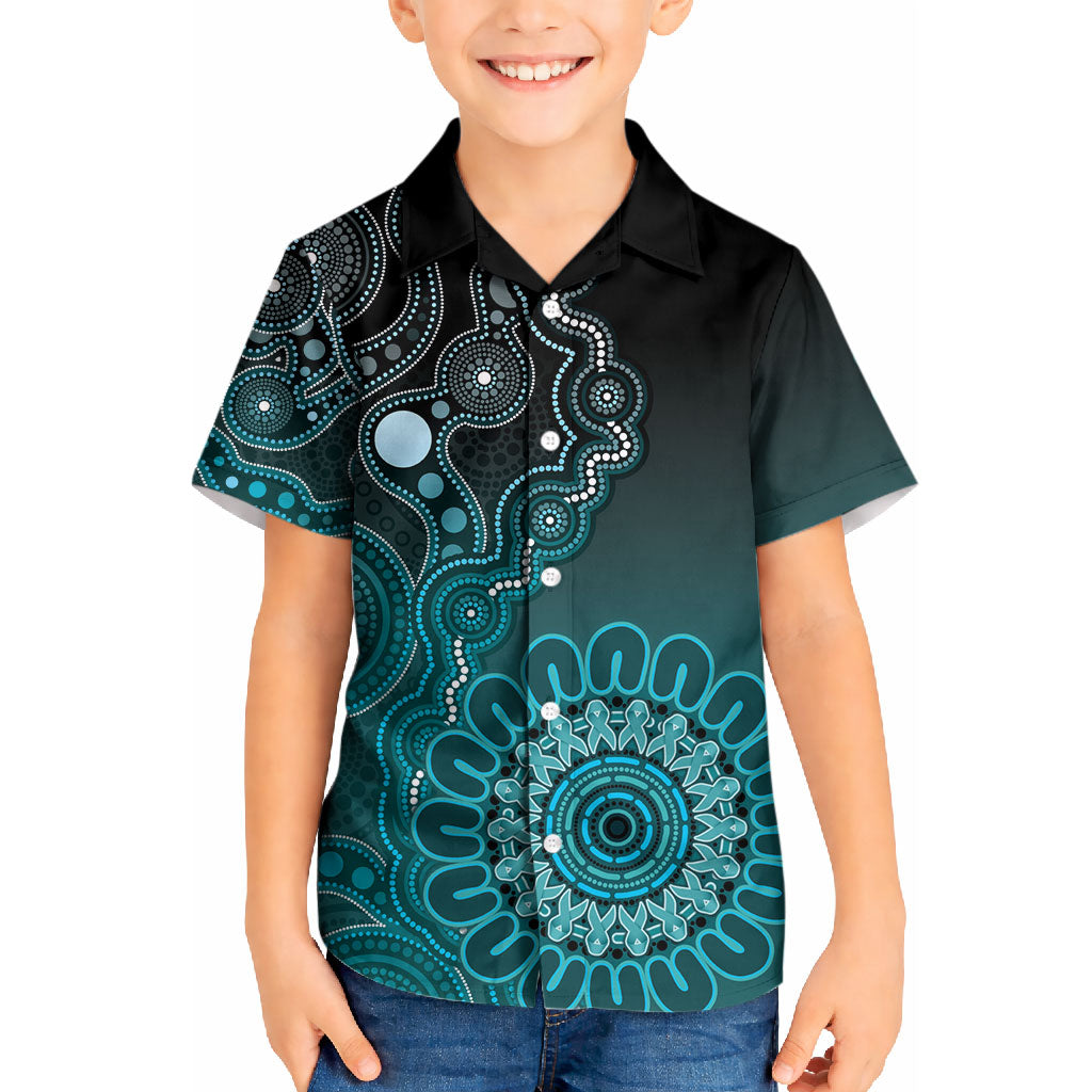 Personalised Ovarian Cancer Support Kid Hawaiian Shirt Teal Ribbon Aboriginal Art