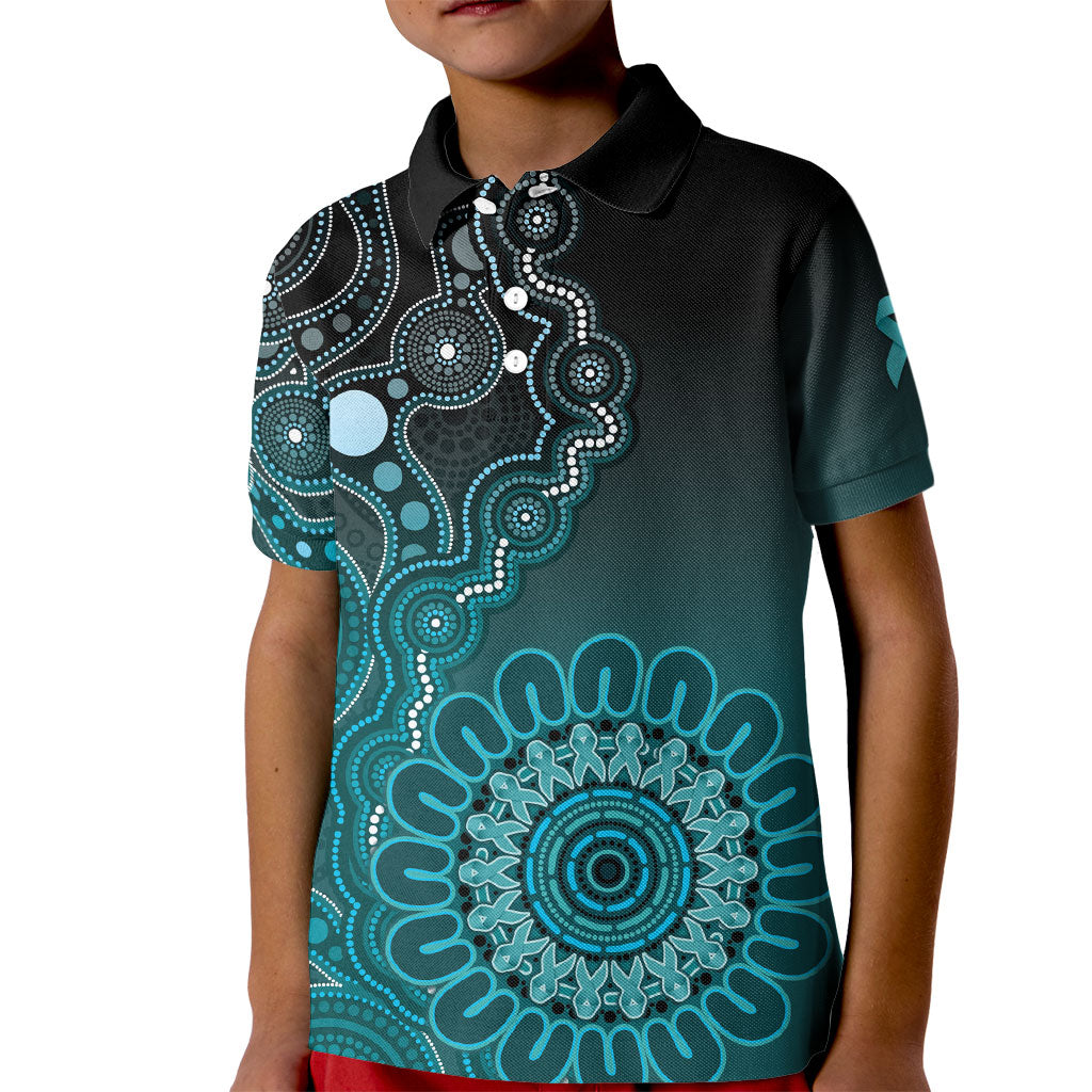 Personalised Ovarian Cancer Support Kid Polo Shirt Teal Ribbon Aboriginal Art