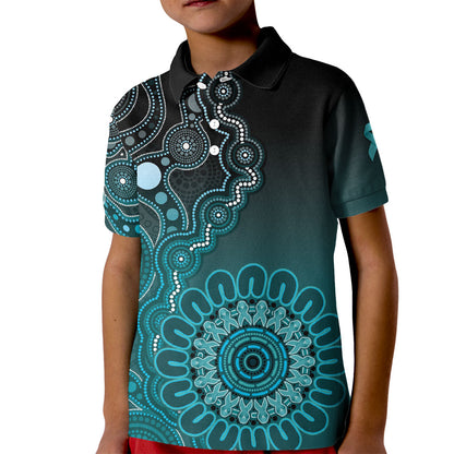 Personalised Ovarian Cancer Support Kid Polo Shirt Teal Ribbon Aboriginal Art