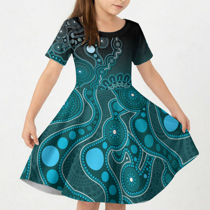 Personalised Ovarian Cancer Support Kid Short Sleeve Dress Teal Ribbon Aboriginal Art