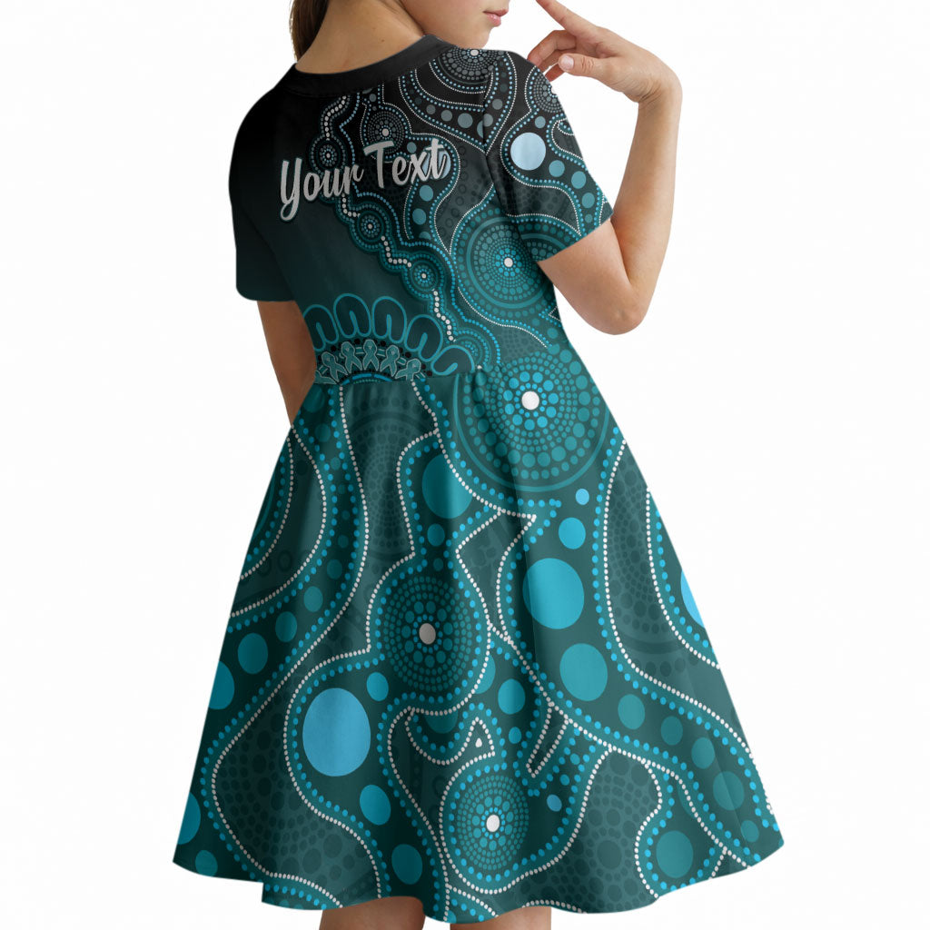 Personalised Ovarian Cancer Support Kid Short Sleeve Dress Teal Ribbon Aboriginal Art