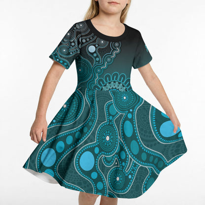 Personalised Ovarian Cancer Support Kid Short Sleeve Dress Teal Ribbon Aboriginal Art