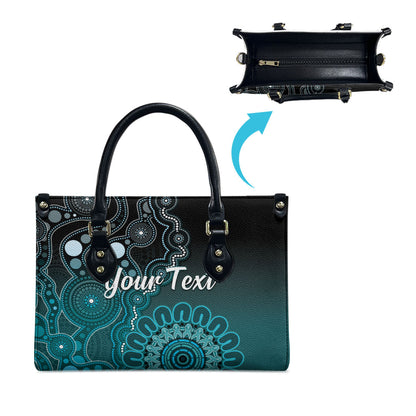 Personalised Ovarian Cancer Support Leather Bag Teal Ribbon Aboriginal Art