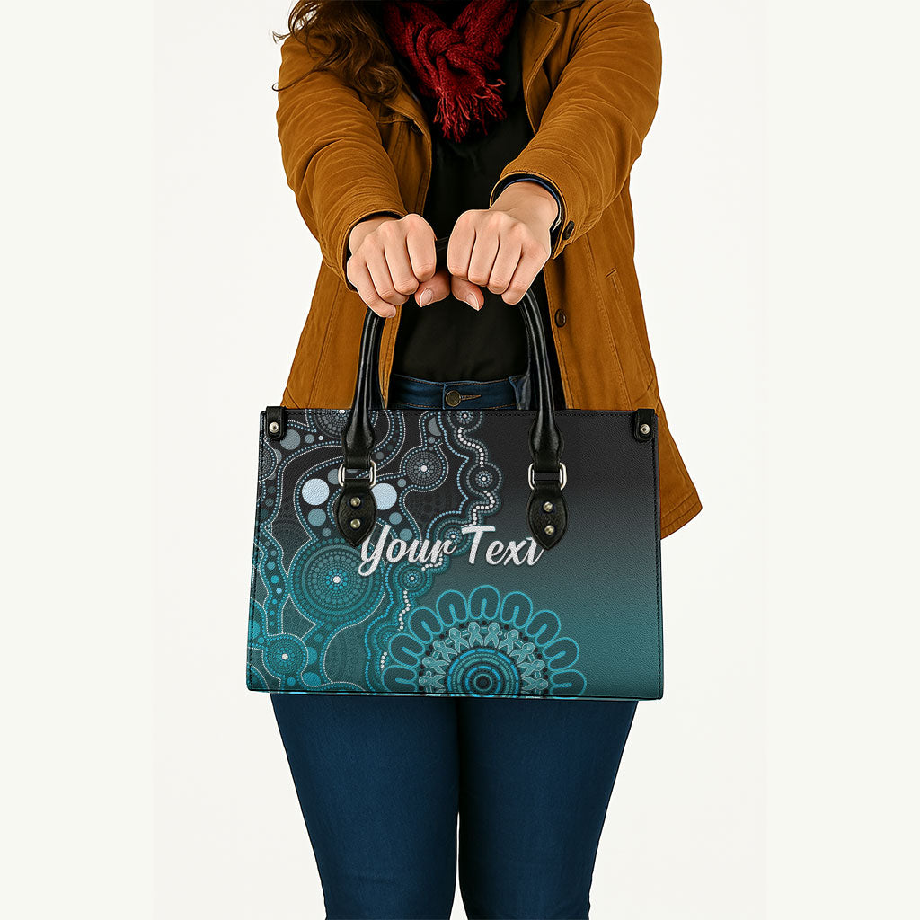 Personalised Ovarian Cancer Support Leather Bag Teal Ribbon Aboriginal Art