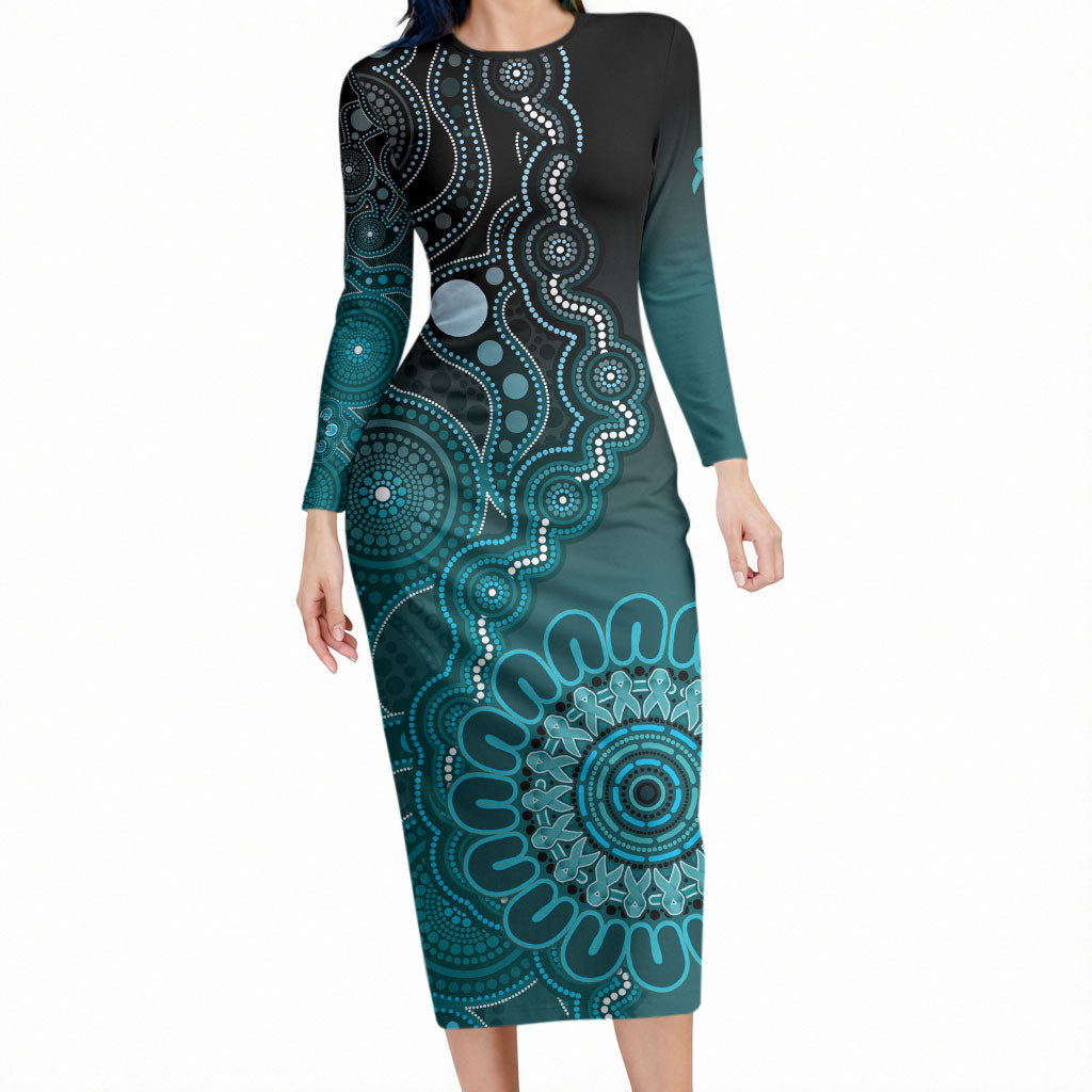 Personalised Ovarian Cancer Support Long Sleeve Bodycon Dress Teal Ribbon Aboriginal Art
