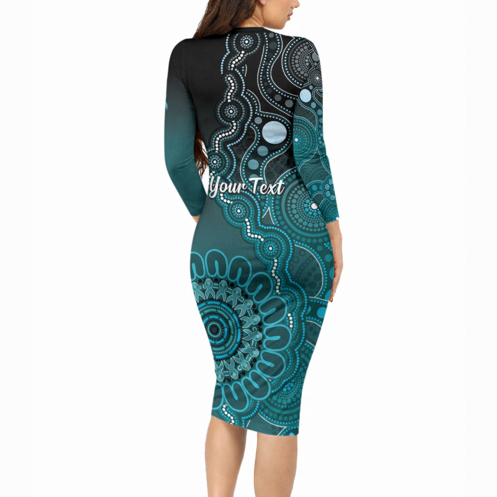 Personalised Ovarian Cancer Support Long Sleeve Bodycon Dress Teal Ribbon Aboriginal Art