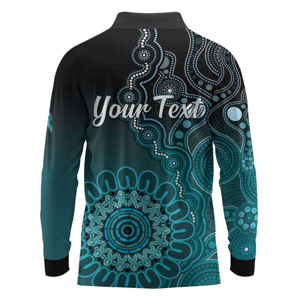 Personalised Ovarian Cancer Support Long Sleeve Polo Shirt Teal Ribbon Aboriginal Art