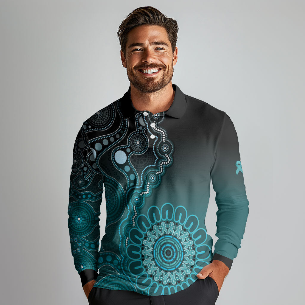 Personalised Ovarian Cancer Support Long Sleeve Polo Shirt Teal Ribbon Aboriginal Art