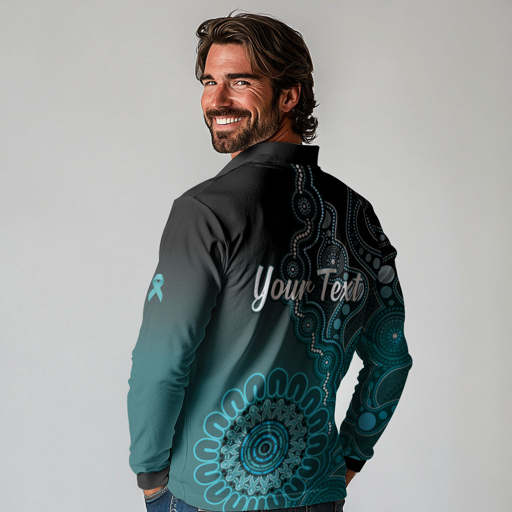 Personalised Ovarian Cancer Support Long Sleeve Polo Shirt Teal Ribbon Aboriginal Art