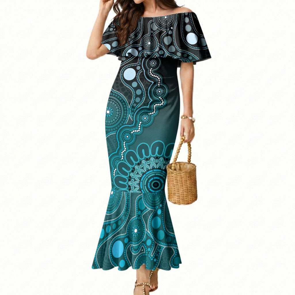 Personalised Ovarian Cancer Support Mermaid Dress Teal Ribbon Aboriginal Art