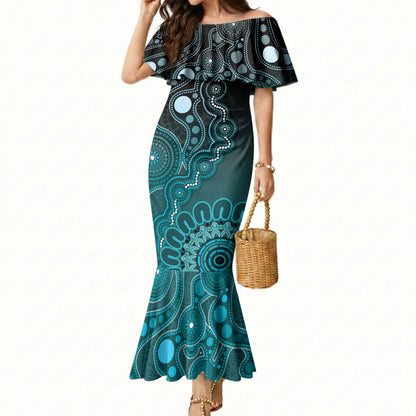 Personalised Ovarian Cancer Support Mermaid Dress Teal Ribbon Aboriginal Art