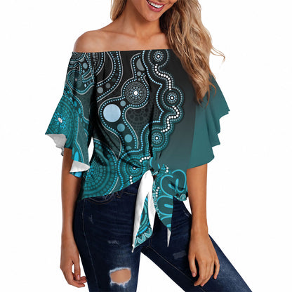 Personalised Ovarian Cancer Support Off Shoulder Wrap Waist Top Teal Ribbon Aboriginal Art