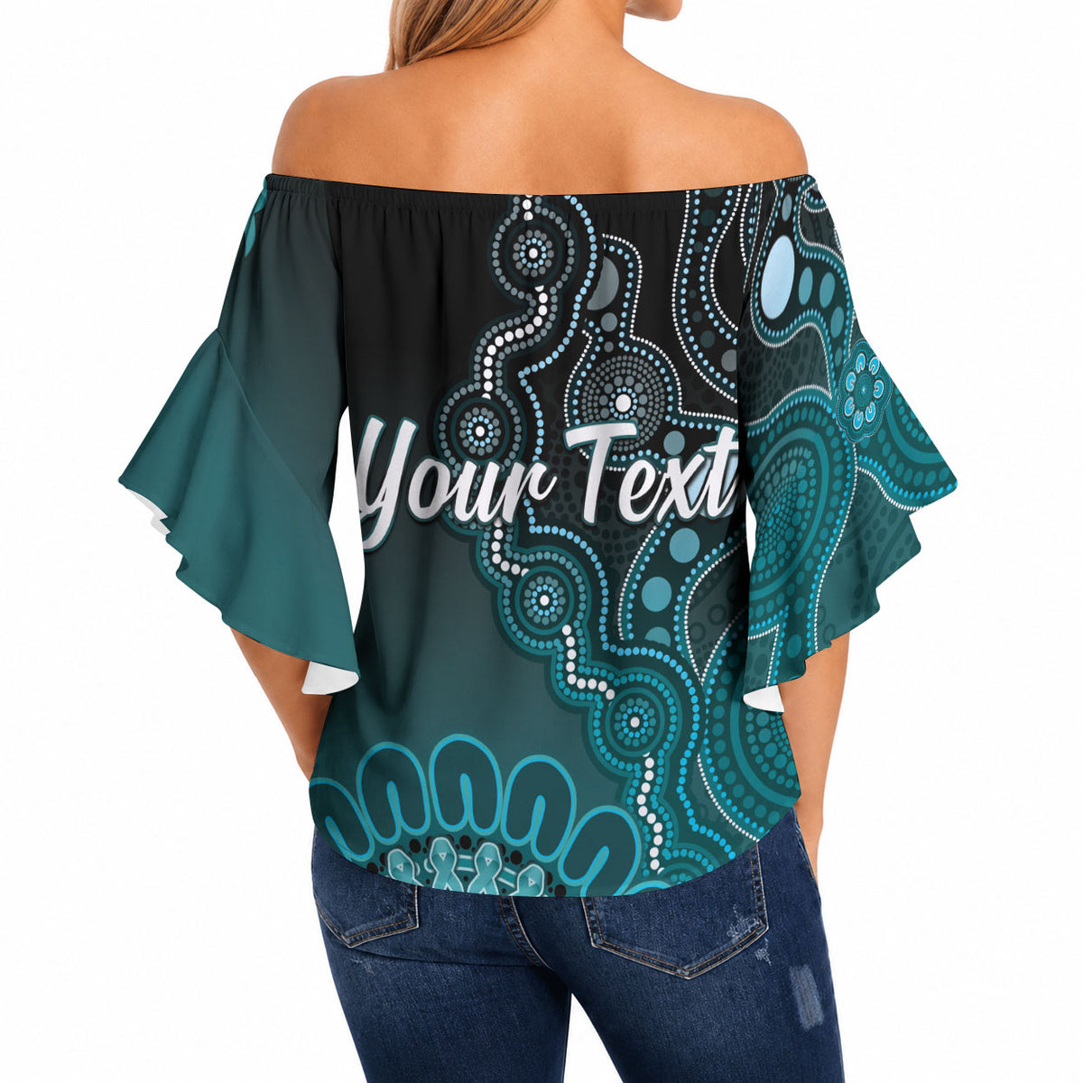 Personalised Ovarian Cancer Support Off Shoulder Wrap Waist Top Teal Ribbon Aboriginal Art